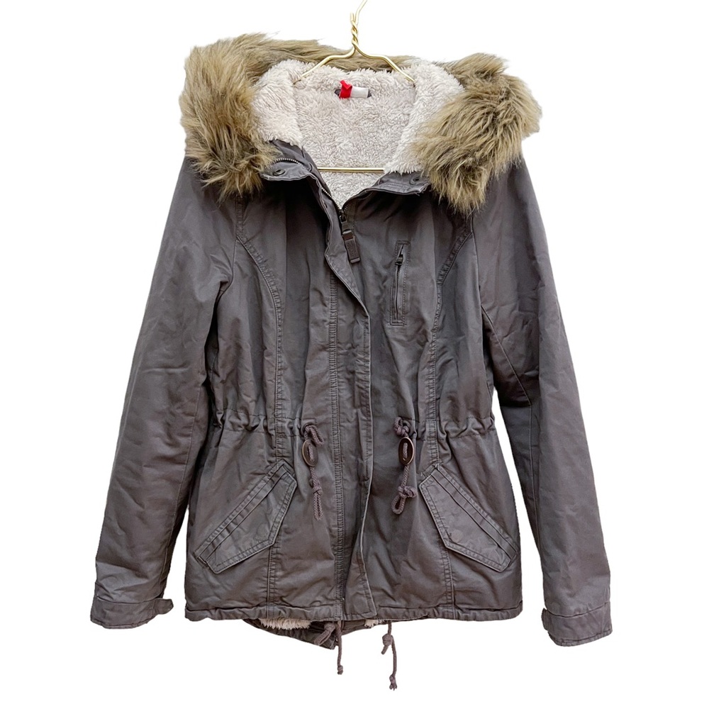 H&M Gray Faux Fur Hooded Drawstring Waist Parka Long Fleece Lined Jacket Coat